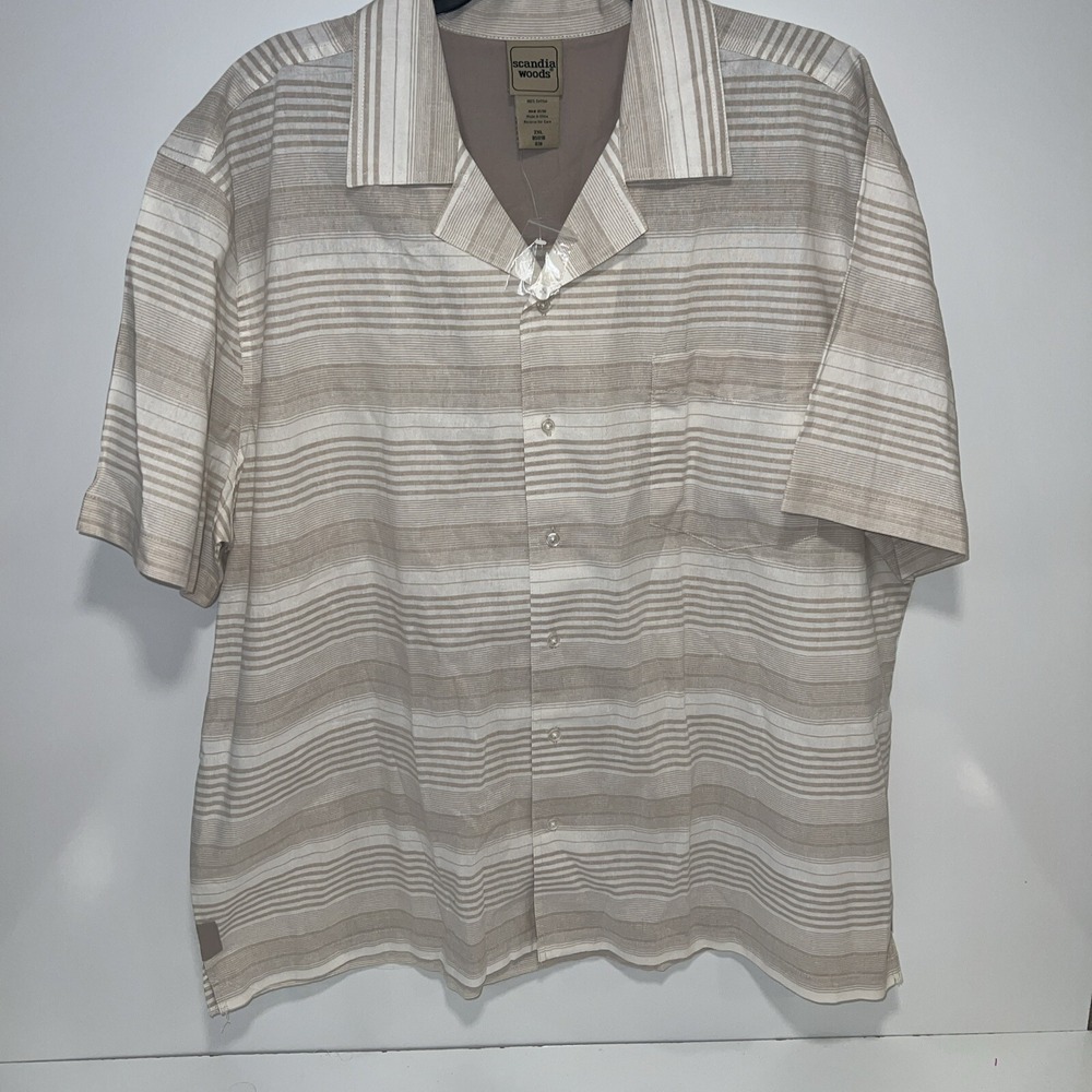 Scandia Woods Shirt Mens 2XL XXL Beige & White Striped Short Sleeve Button